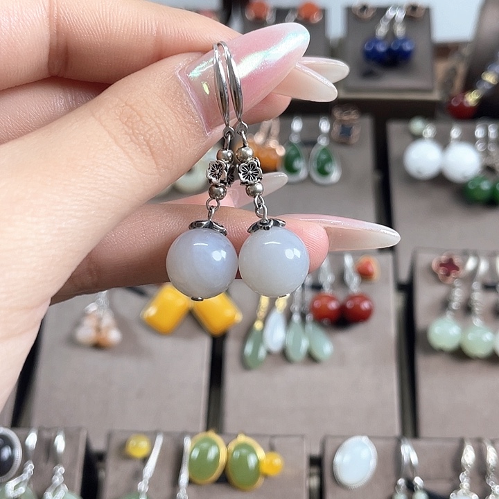 和田玉耳饰银S925镶嵌12左右烟紫