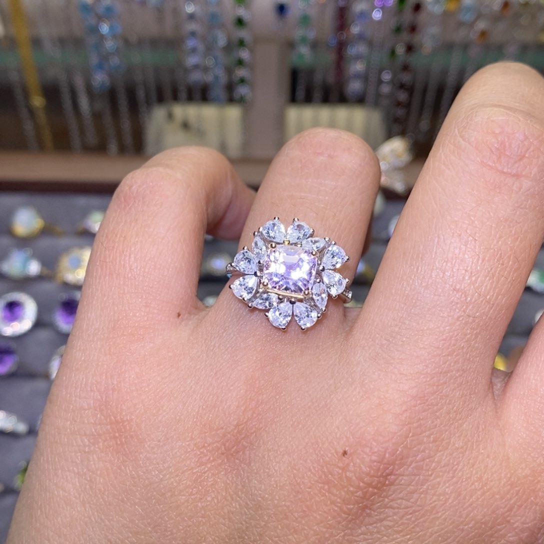 紫色锂辉石开口戒指锂辉石银S925镶嵌