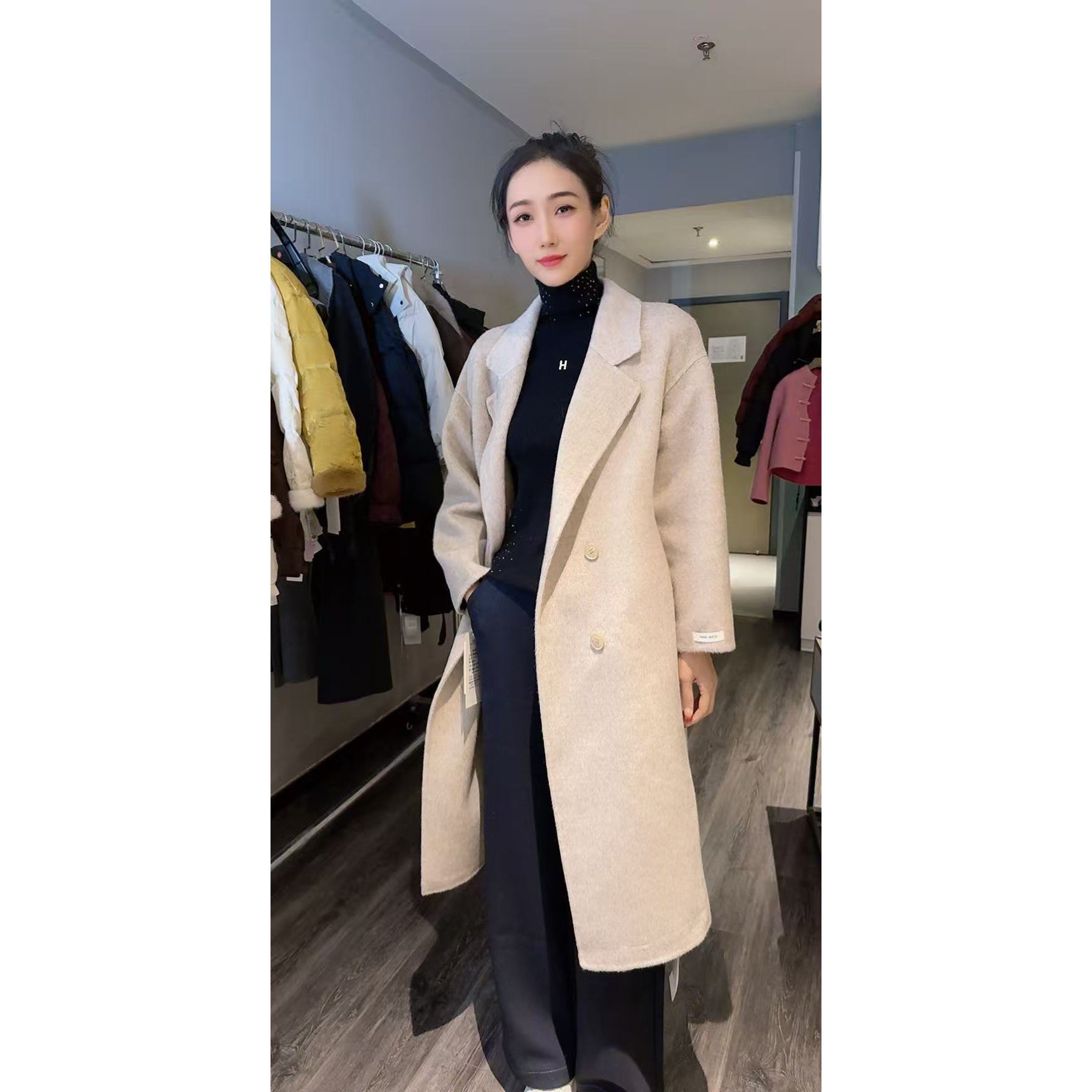 B40681#秋冬气质时尚百搭毛呢长款保暖外套