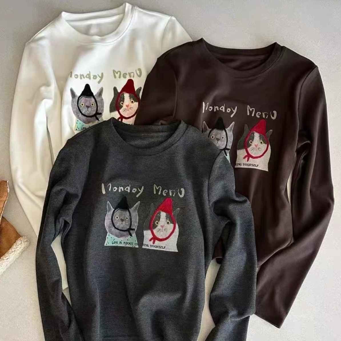 双面绒好多花型-双面绒加厚圆领卡通休闲风印花冬季女长袖T恤