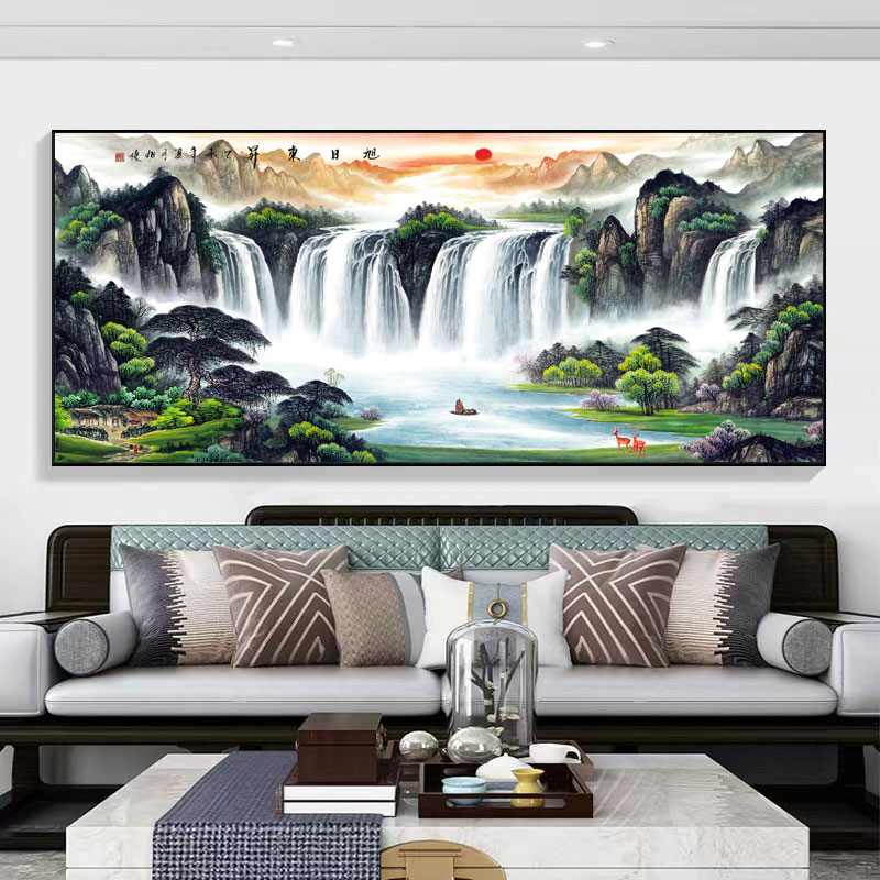 流水生财风景山水画客厅背景东墙挂画公室旭日东升装饰画字画壁画