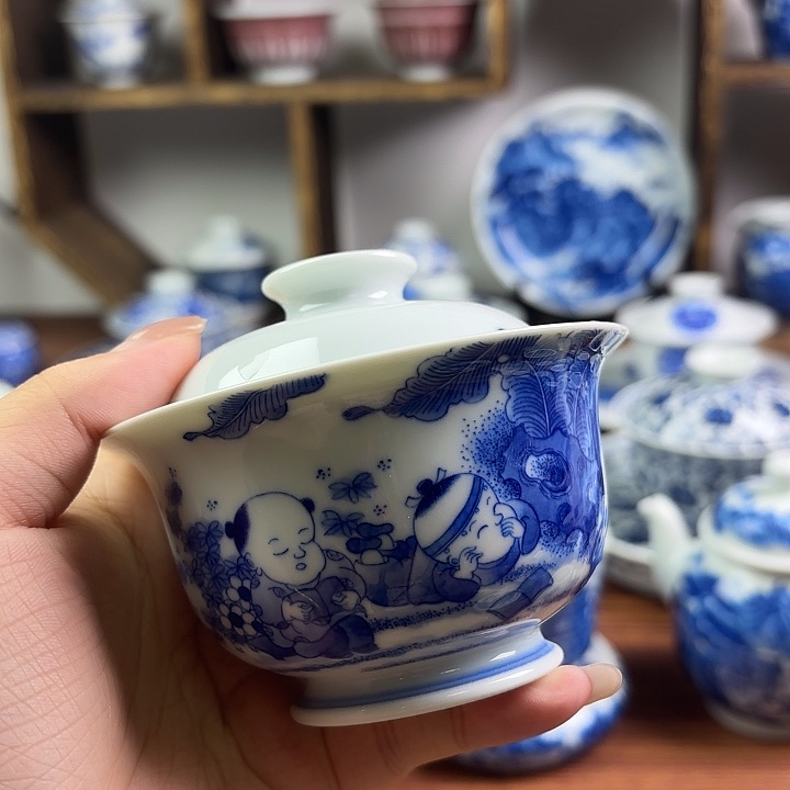 【见燃柴窑】景德镇手绘柴窑青花婴戏图五子登科盖碗130cc