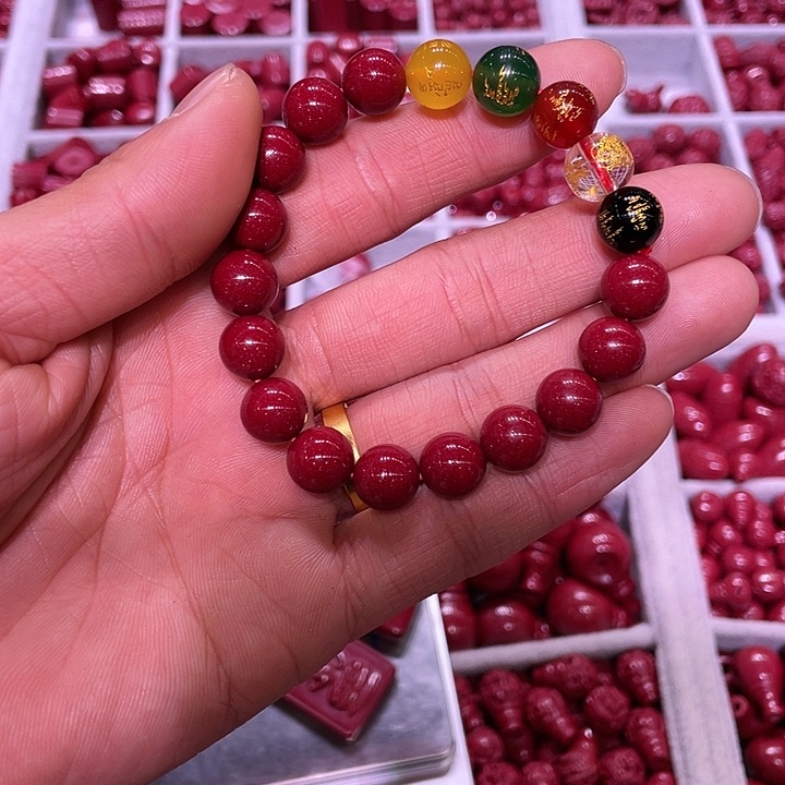 天然辰砂偷**猫紫金砂10毫米五路手链