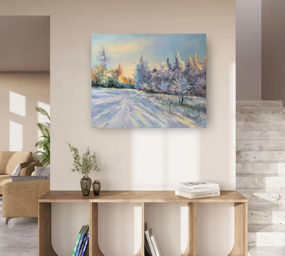 《暮雪林径》50*60含内框，刘春建原创手绘油画，肌理装饰画挂画