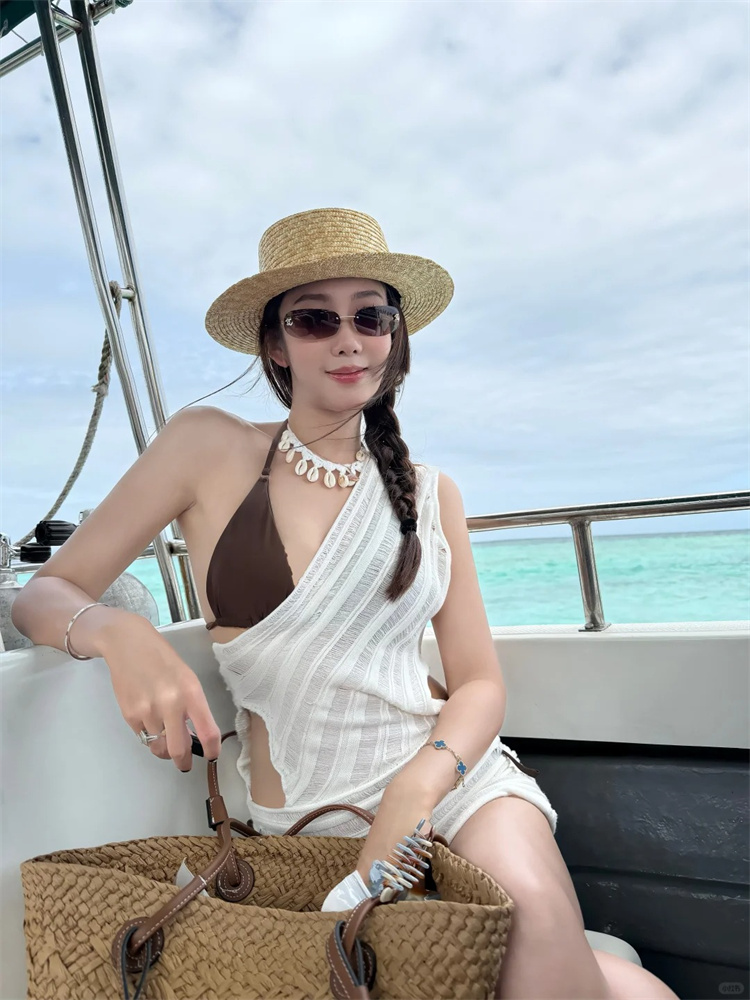 【圣托里尼】小众高级感咖色辣妹分体比基尼女性感单肩罩衫裙显瘦