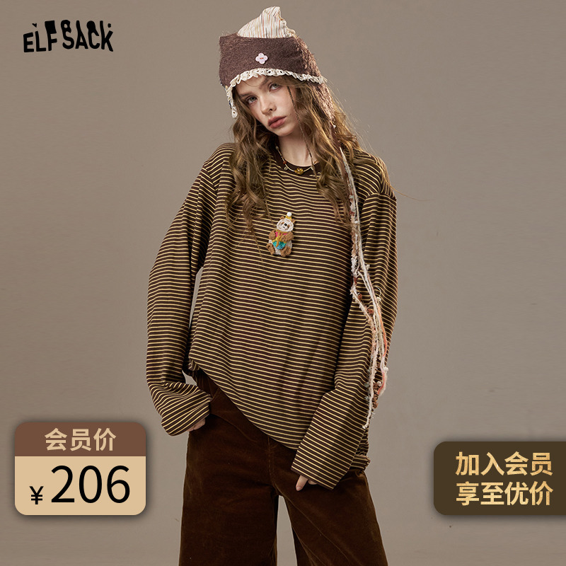 妖精的口袋复古条纹毛绒玩偶长袖t恤女秋冬宽松内搭上衣25705006