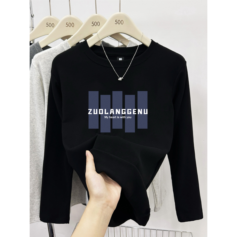 黑色正肩长袖T恤女2025秋冬新款大码休闲打底衫内搭抓绒圆领上衣