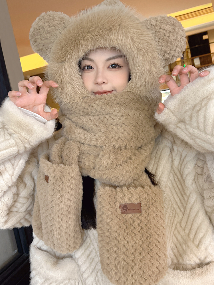 小熊帽子秋冬女加厚保暖围巾一体连帽围脖手套三件套东北骑车冬季