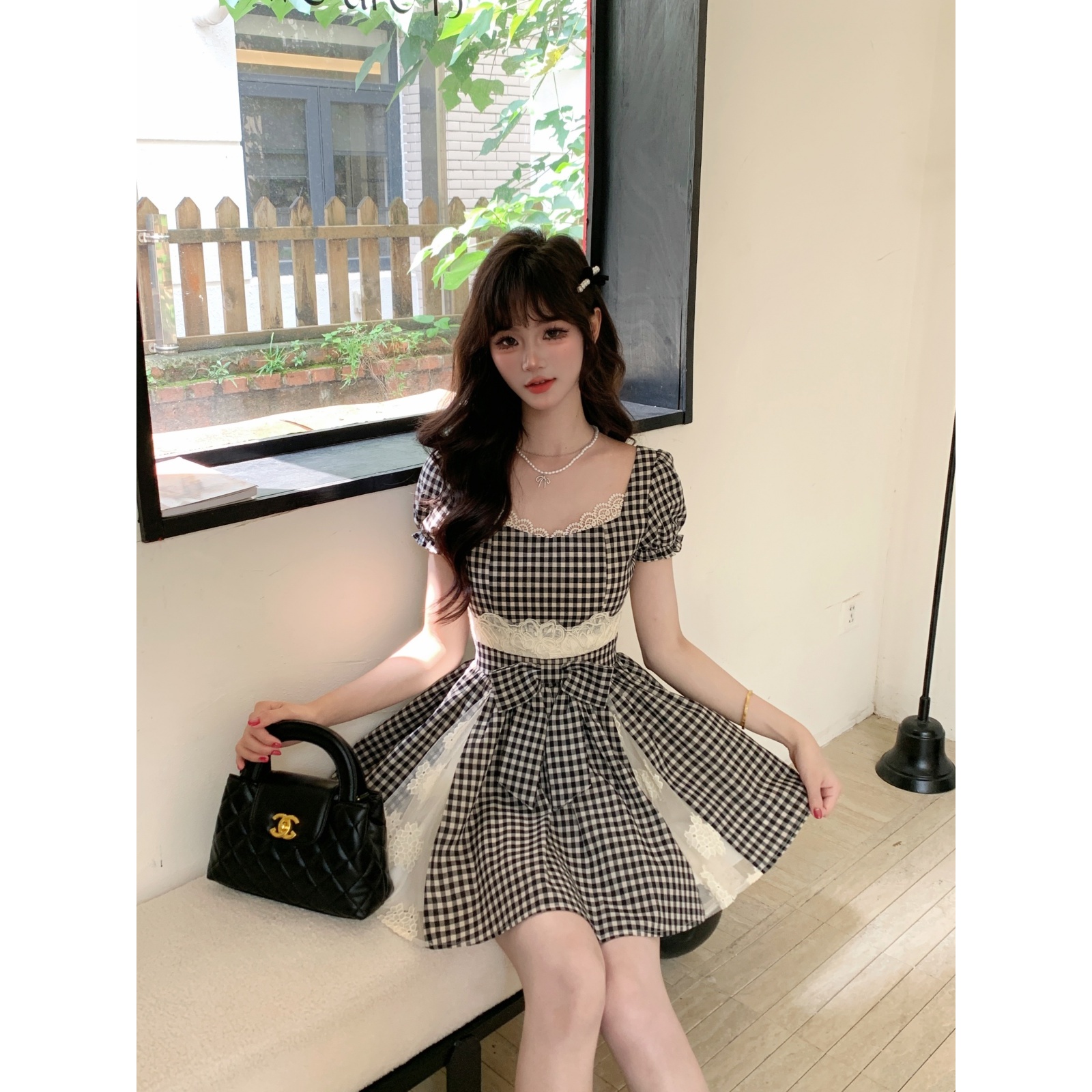 越韩小鱼‘圣诺蕾少女 假两件设计感法式复古格子拼蕾丝气质连衣裙