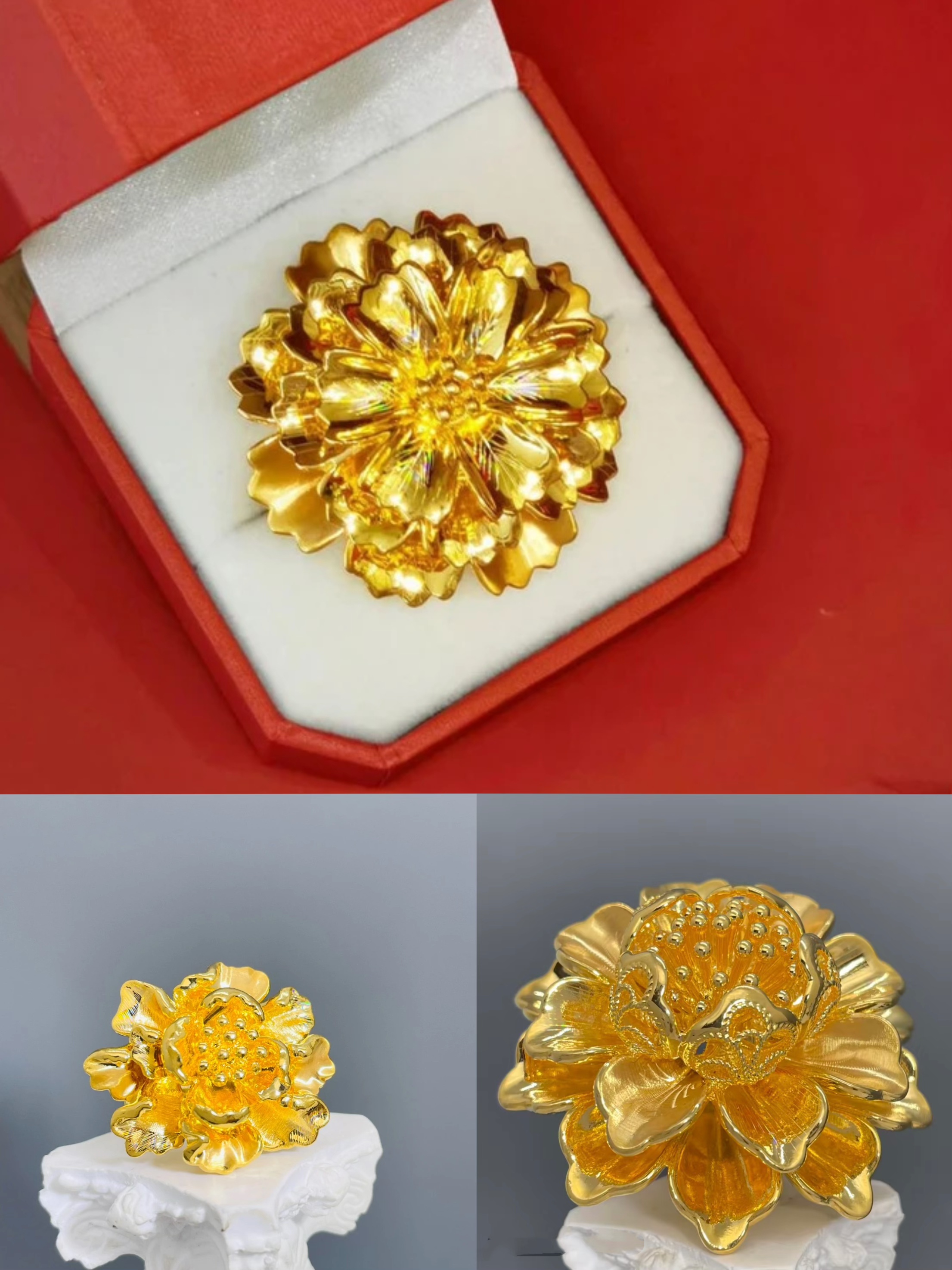 【夏日特惠】足金牡丹花戒指5D花朵戒指黄金温柔气质高级大气