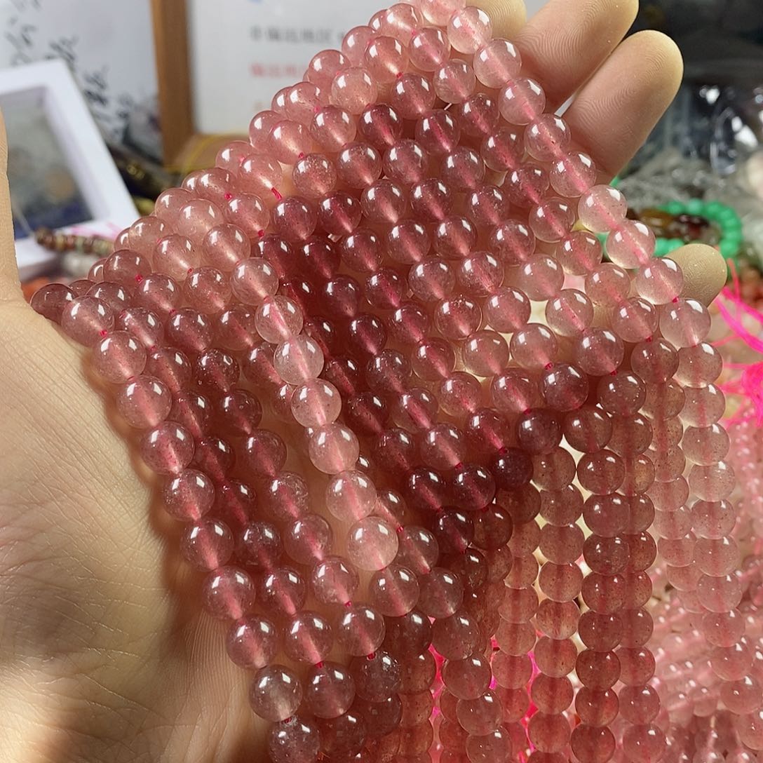 玛瑙/玉髓珠宝半成品未镶嵌一条天然8mm草莓晶圆珠A级
