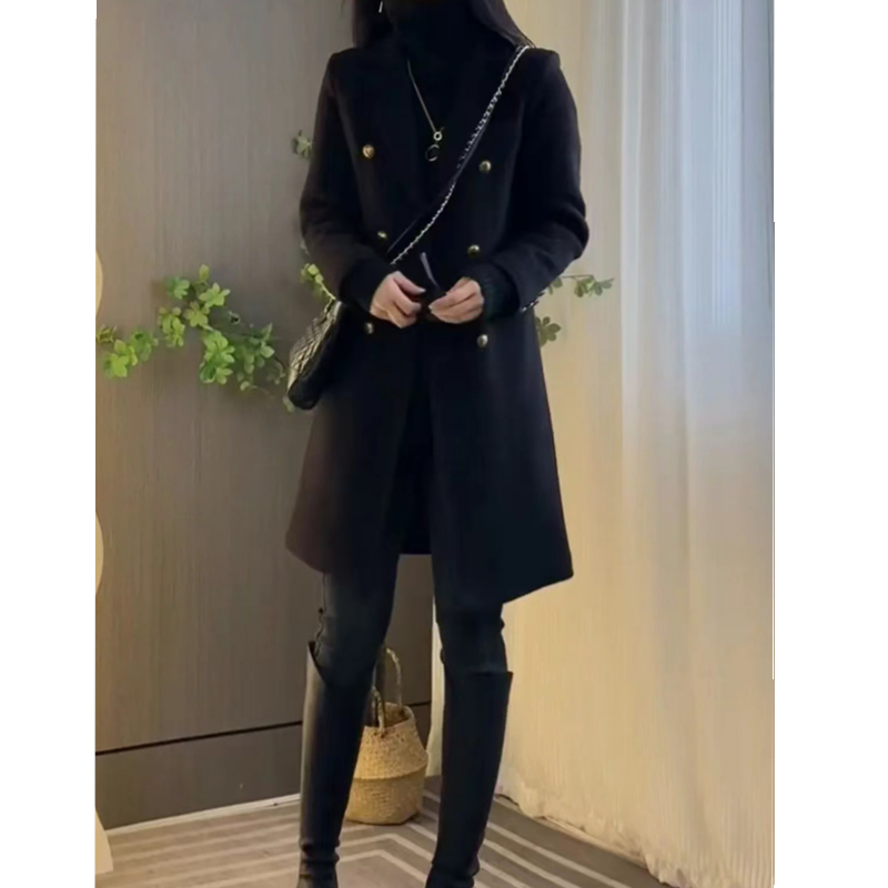 外套时尚黑色中长款秋冬气质加厚显瘦加棉休闲百搭宽松毛呢大衣女
