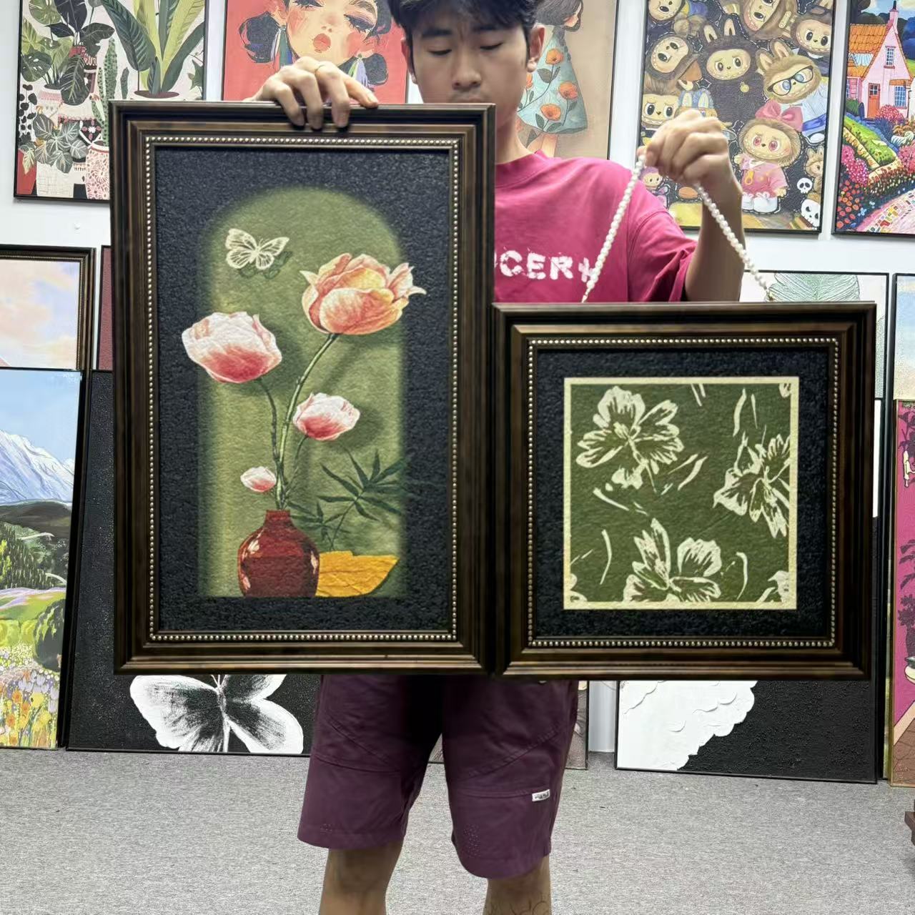 法式轻奢风格玫瑰花卉装饰画为玄关卧室增添高级感360