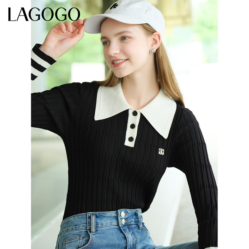 Lagogo拉谷谷新款精致条纹高弹舒适针织衫女MCMM458C35