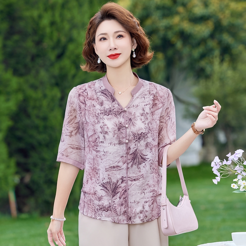 夏装宽松百搭时尚t恤中老年女装中老年女款t恤带纽扣小衫