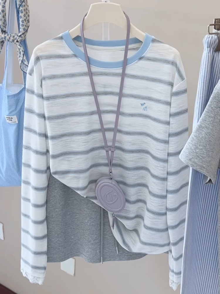 蓝色条纹t恤秋季洋气显瘦百搭打底衫2025新款女装韩系宽松上衣潮