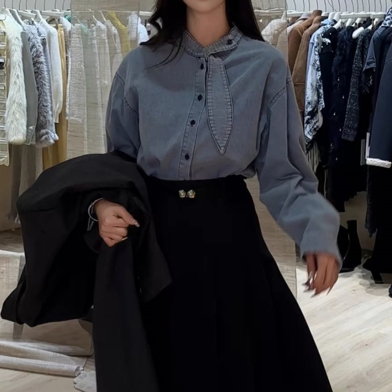 [韩系牛仔衬衫]2025春季新款韩系蝴蝶结牛仔衬衫AC-2532