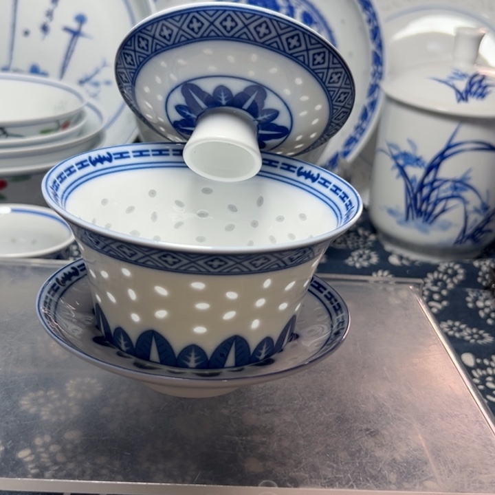 青花玲珑三才盖碗