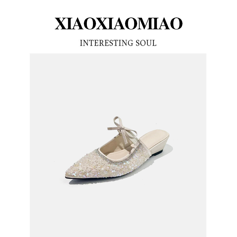 XIAOXIAOMIAO水钻法式珍珠小凉拖外穿2025春夏新款细跟包头半拖鞋