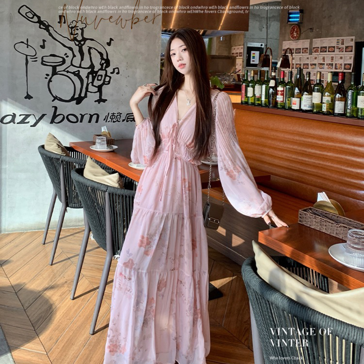 大码mm粉色超仙甜美v领连衣裙女长款2025秋季新款法式大码碎花裙