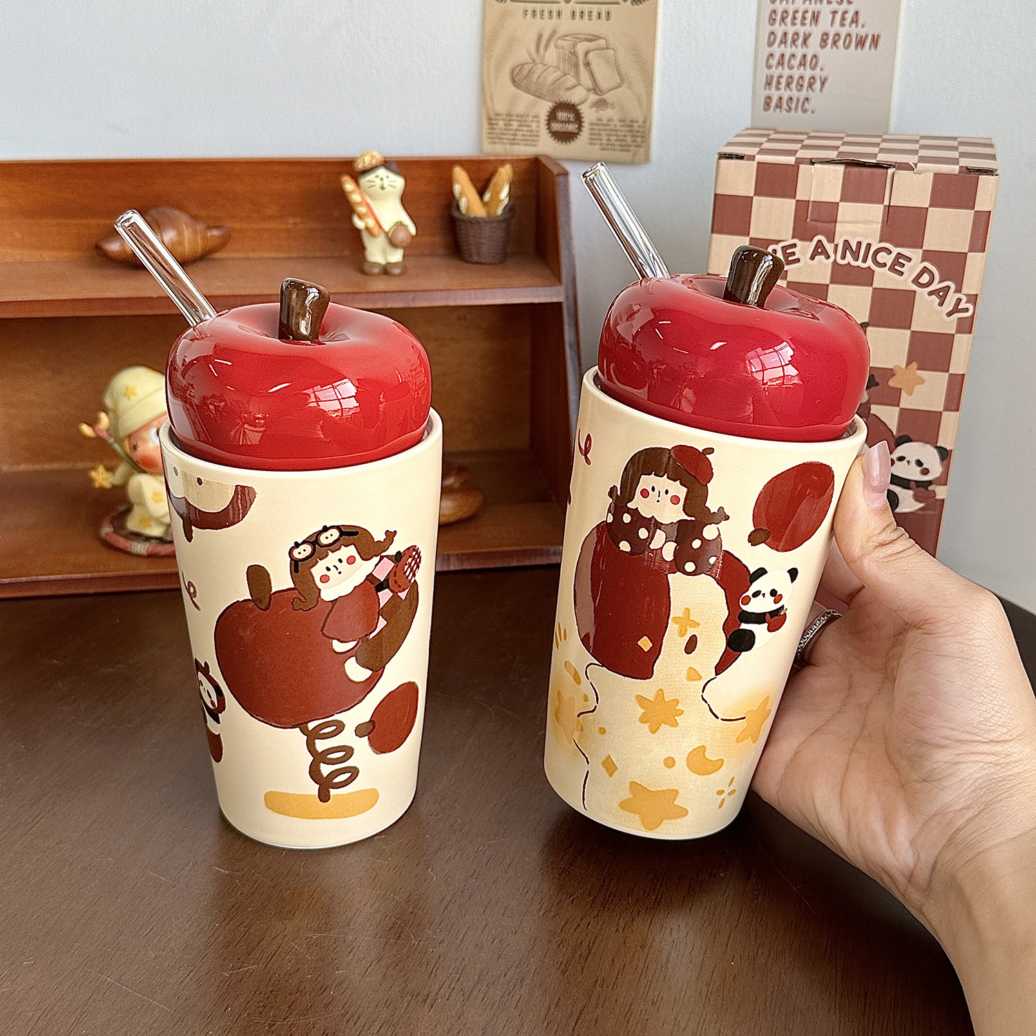 苹果女孩吸管杯陶瓷随手杯办公室马克杯水杯子带盖咖啡杯圣诞礼物