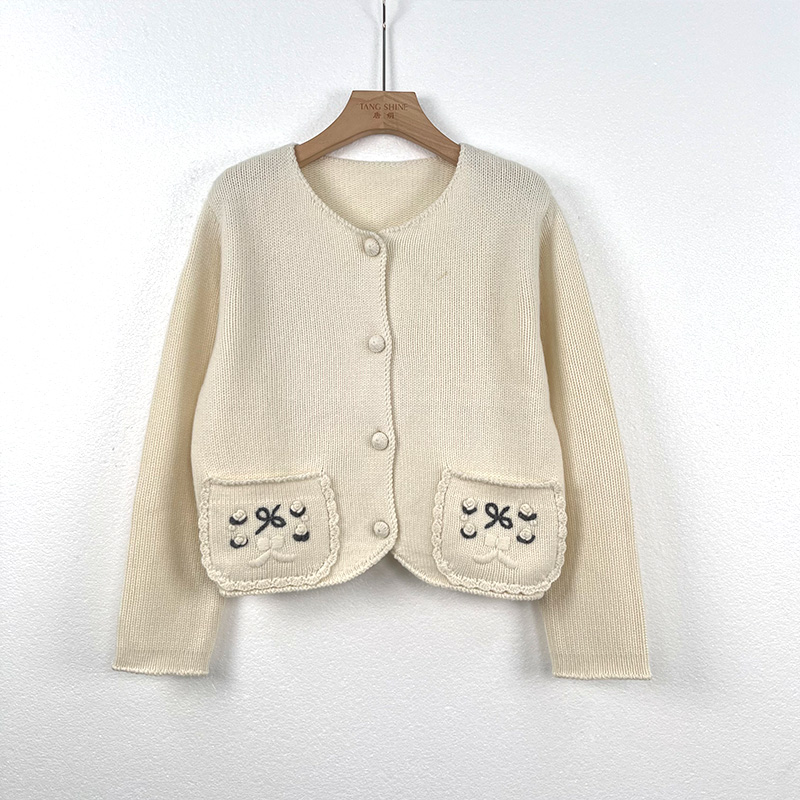 唐绢时尚纯山羊绒针织衫洋气圆领开衫口袋长袖气质女装冬2757