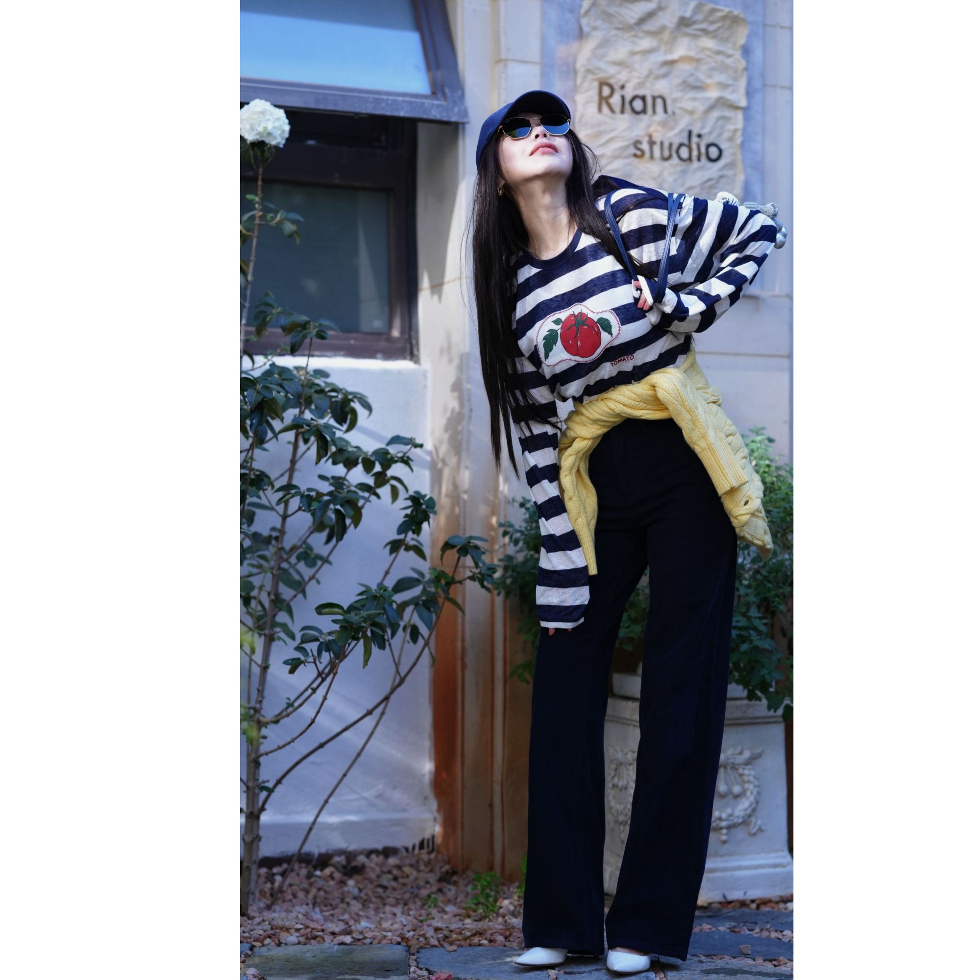 [Rain.studio]专属条纹长袖宽松型印花设计师字母网红百搭T恤