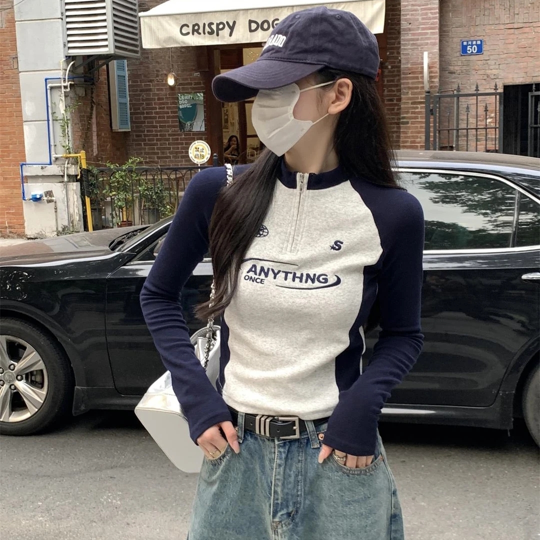 美式复古正肩女t恤长袖春秋修身拉链刺绣内搭打底衫短款上衣