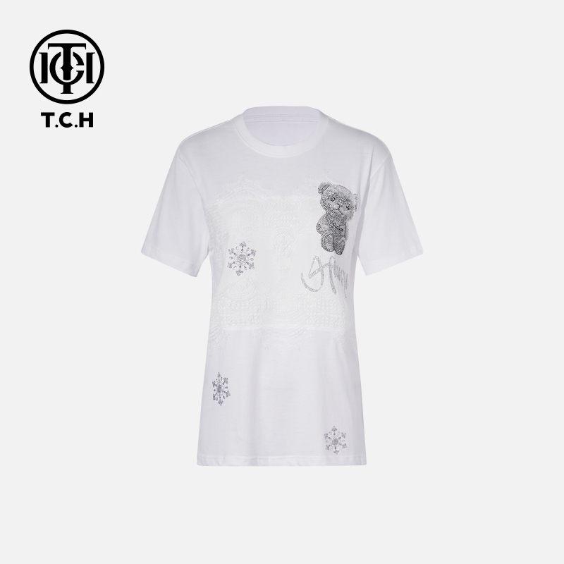 TCH轻奢烫钻工艺时尚休闲百搭气质蕾丝T恤女T75B10E1021私服tch