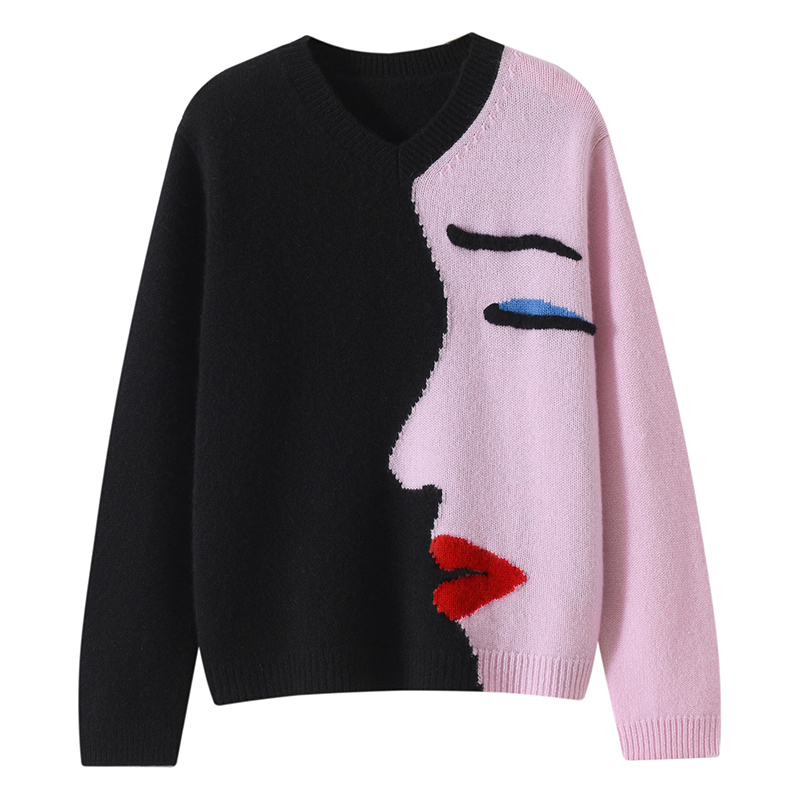 100%山羊绒新品大表姐刘雯同款V领人脸提花羊绒衫针织毛衣