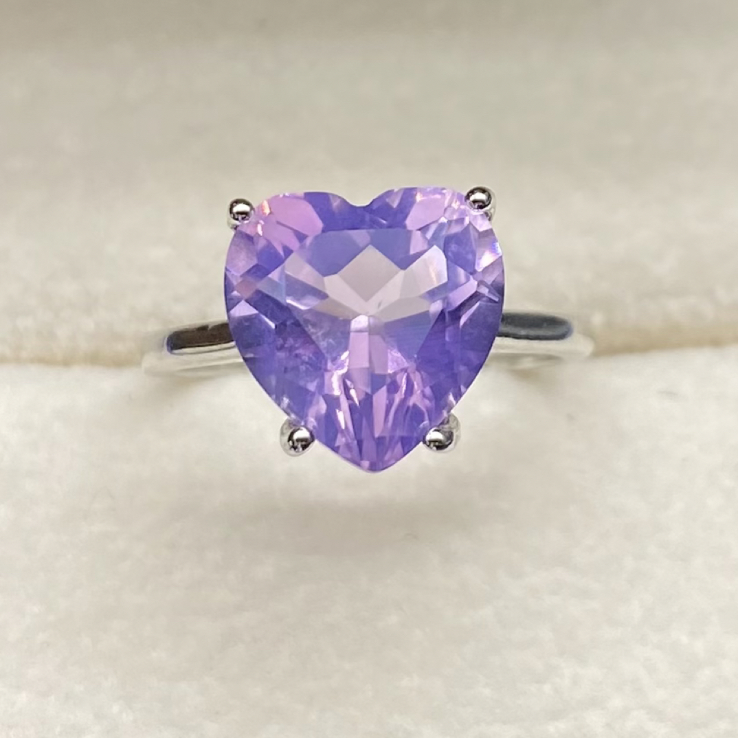 爱心天然紫玉晶戒指通体s925银简约四爪经典气质时尚百搭开口戒