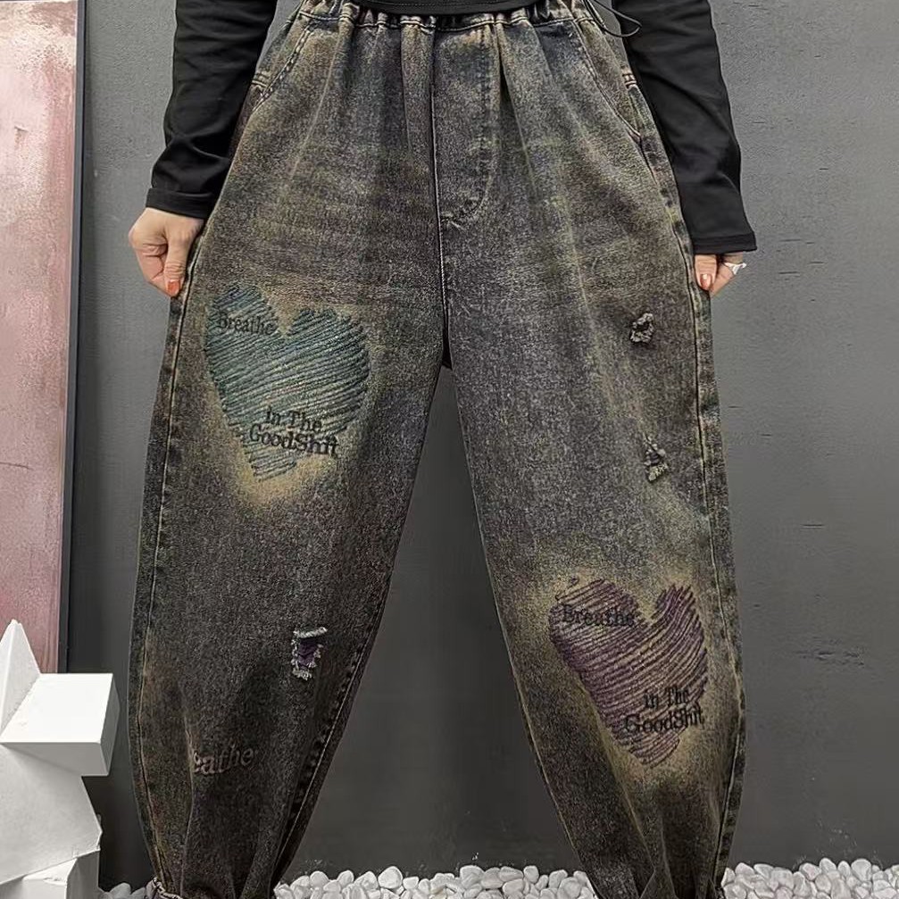 秋季新款女装时尚宽松刺绣爱心水洗牛仔裤休闲显瘦减龄哈伦裤女裤