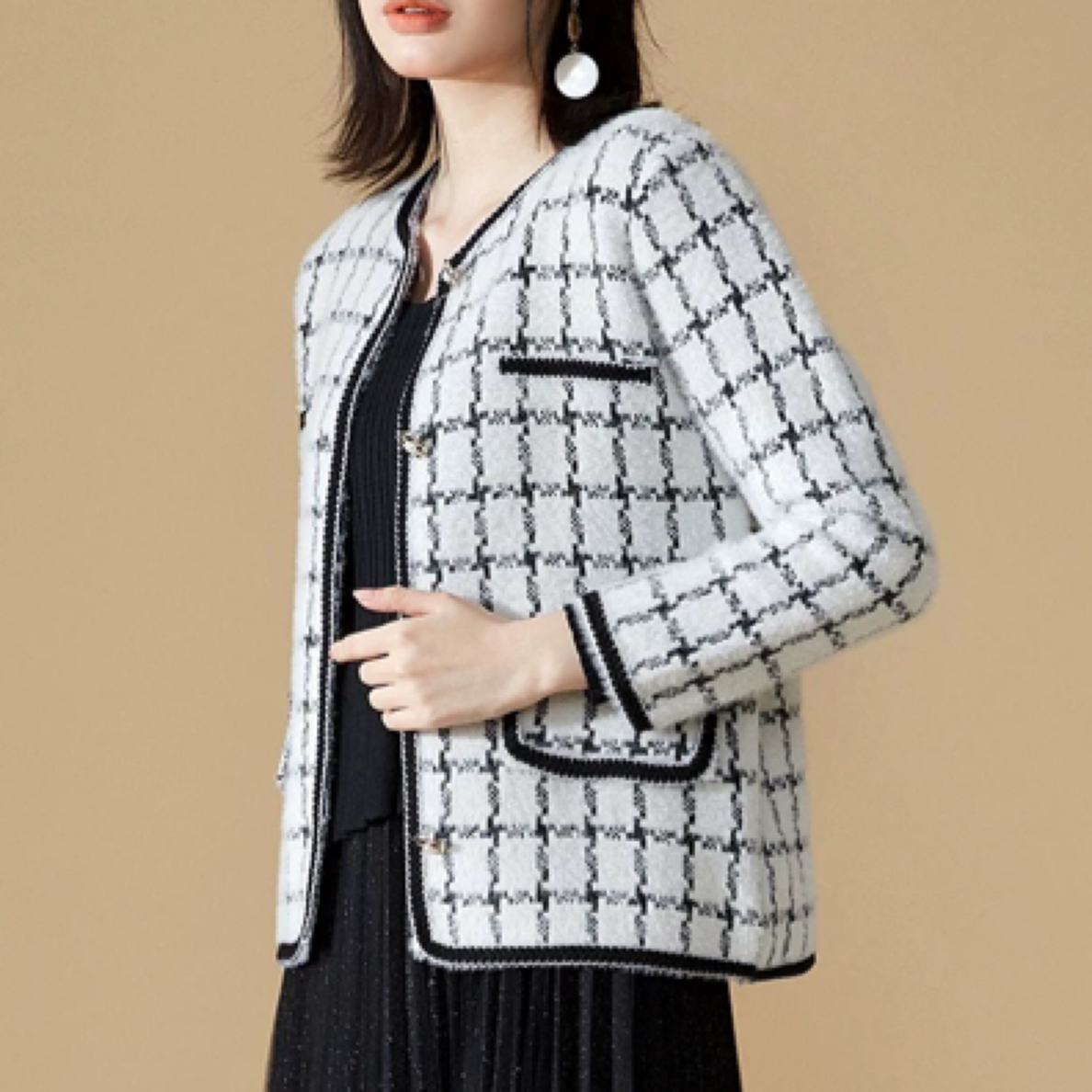 小香风针织开衫毛衣千鸟格外套外穿针织开衫简约百搭范