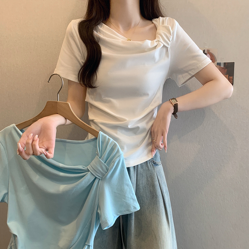 K新款不规则t恤女2025新款夏季大码胖mm修身显瘦短款交叉上衣