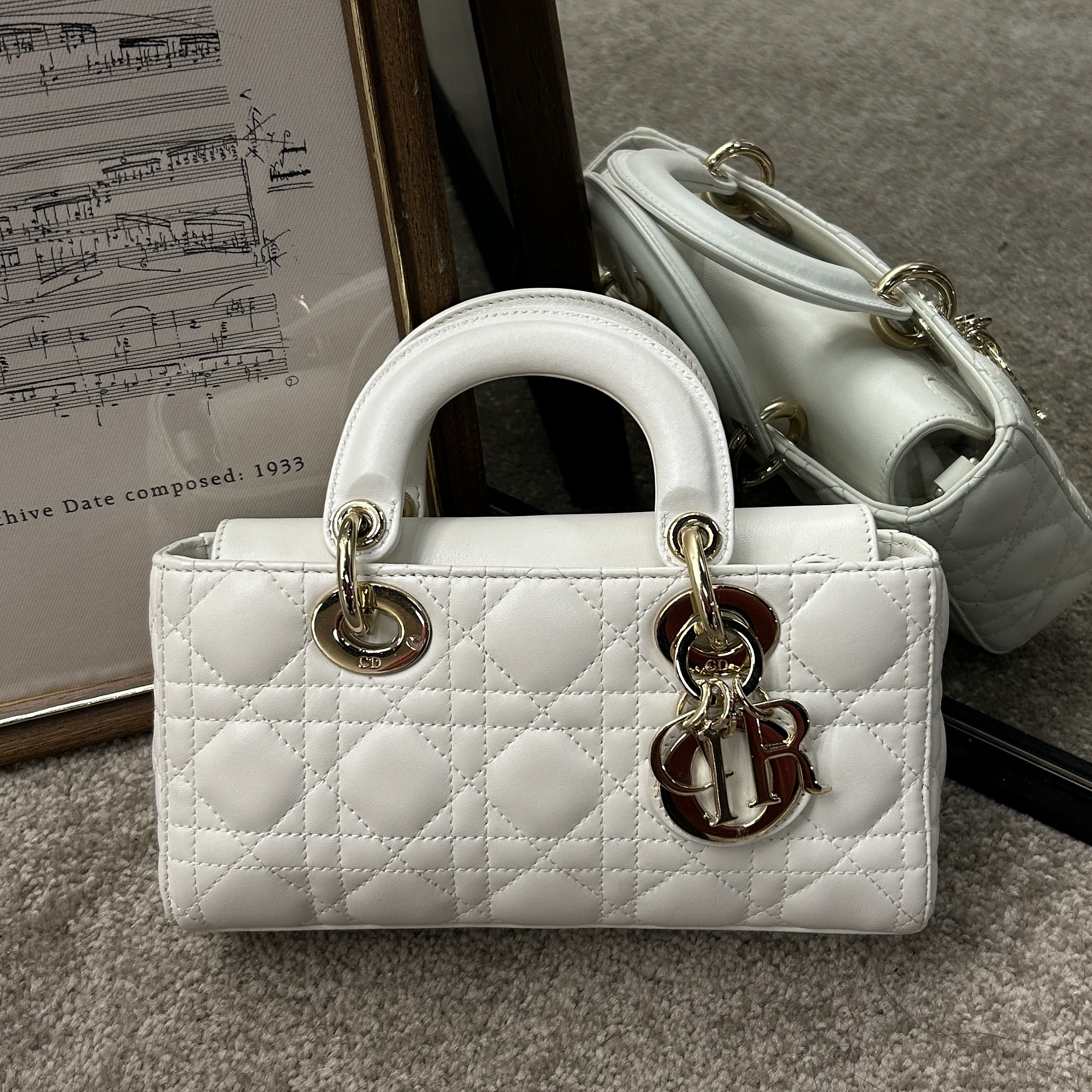 99新 DIOR/迪奥 白金Lady D-Joy小号手提斜挎包