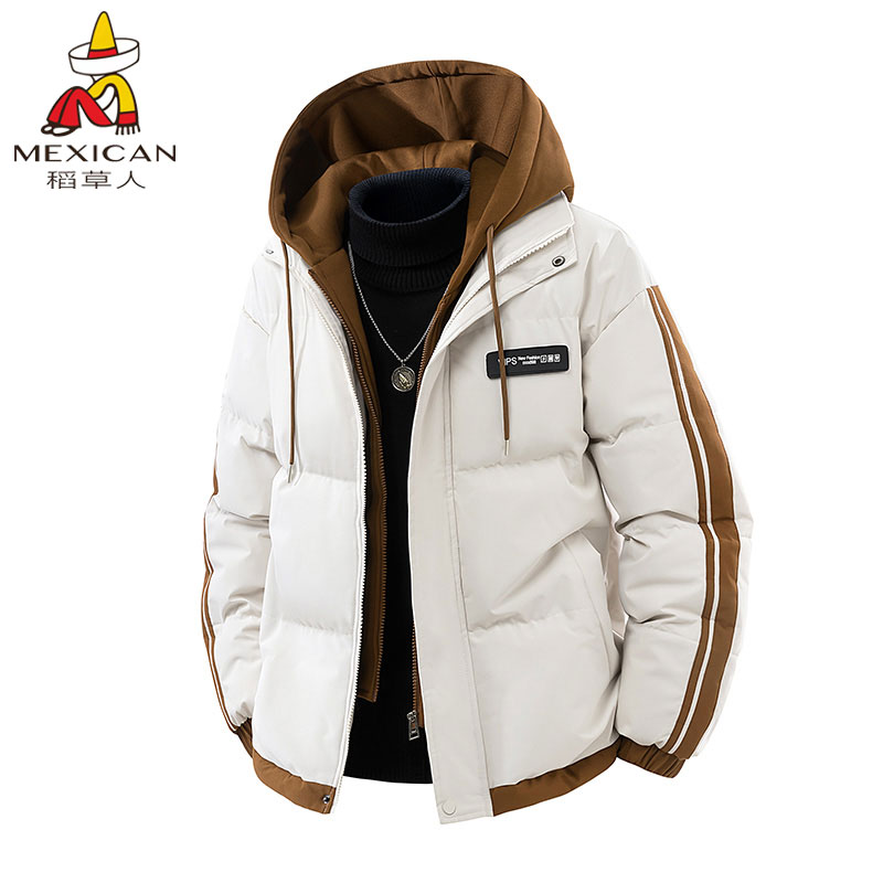 稻草人冬季保暖加厚休闲棉服男士韩版时尚短款假两件情侣连帽棉衣