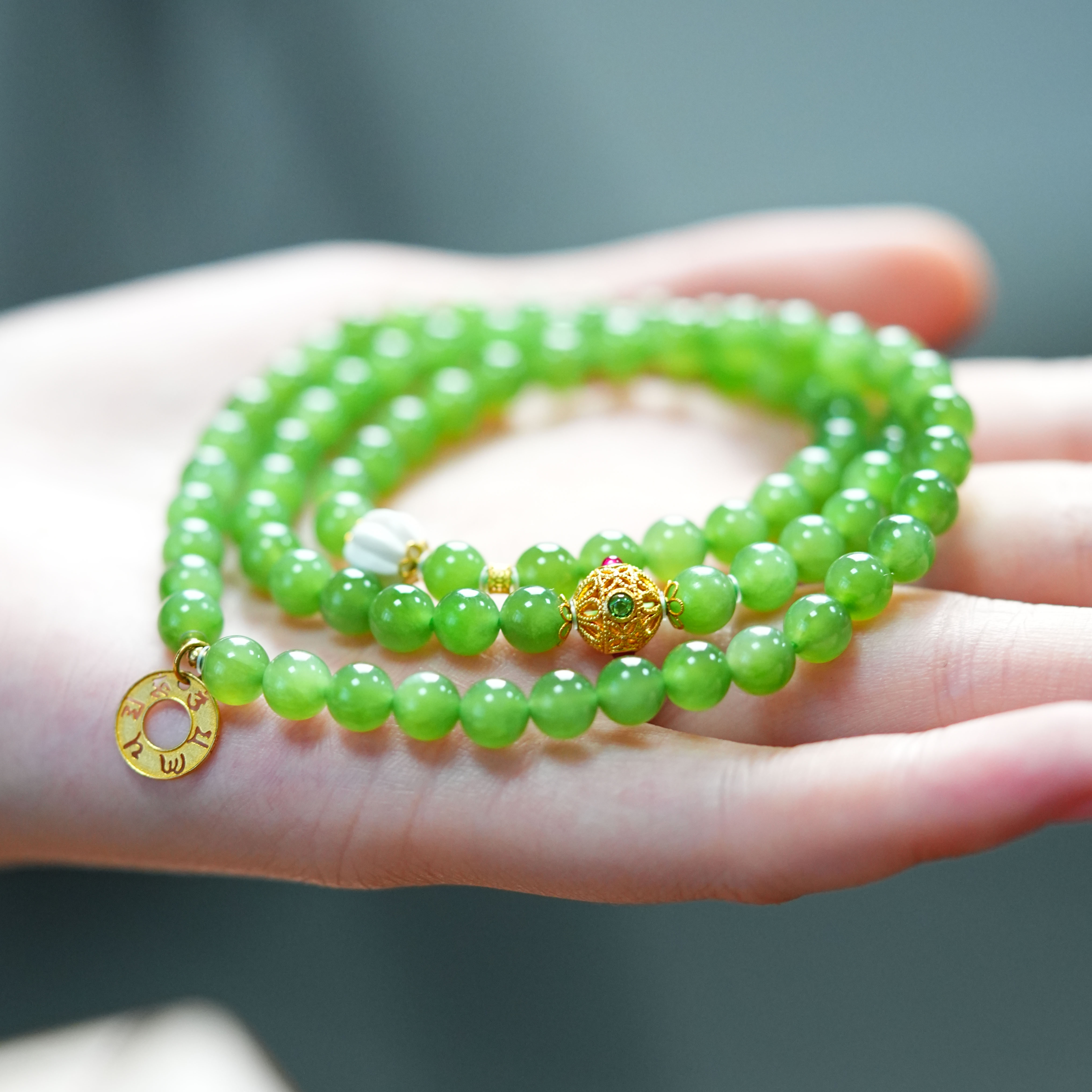 【小浩珠宝】和田玉碧玉天然冰底阳绿三圈手串18k金气质时尚DIY长链