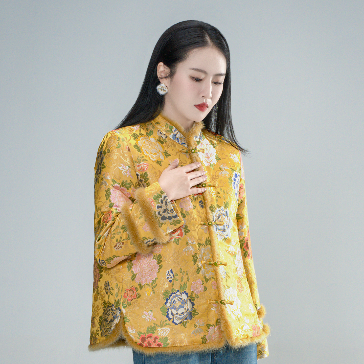 云锦（绒边锦棠）提花小立领拼接水貂毛气质国风减龄高货棉服61649