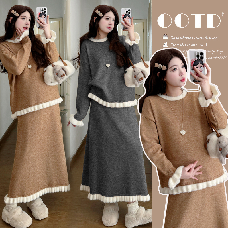 【嗒嗒】秋冬加厚2025慵懒洋气时髦减龄拼接木耳边毛衣孕妇套装女