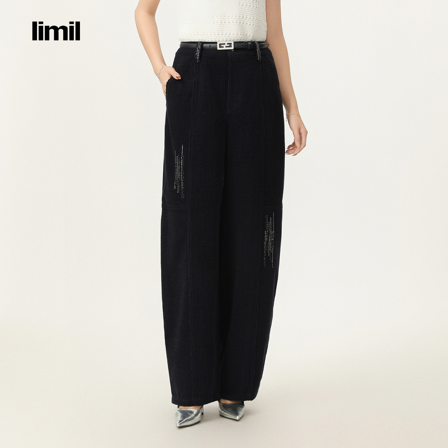 limil/丽米儿冬季高级感羊毛灯芯绒烫钻宽松微弯刀休闲裤910018