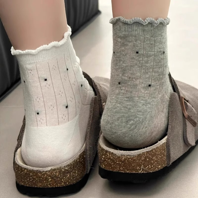 袜子女夏季薄款中筒袜配勃肯鞋波点袜子夏天透气网眼袜ins韩版潮