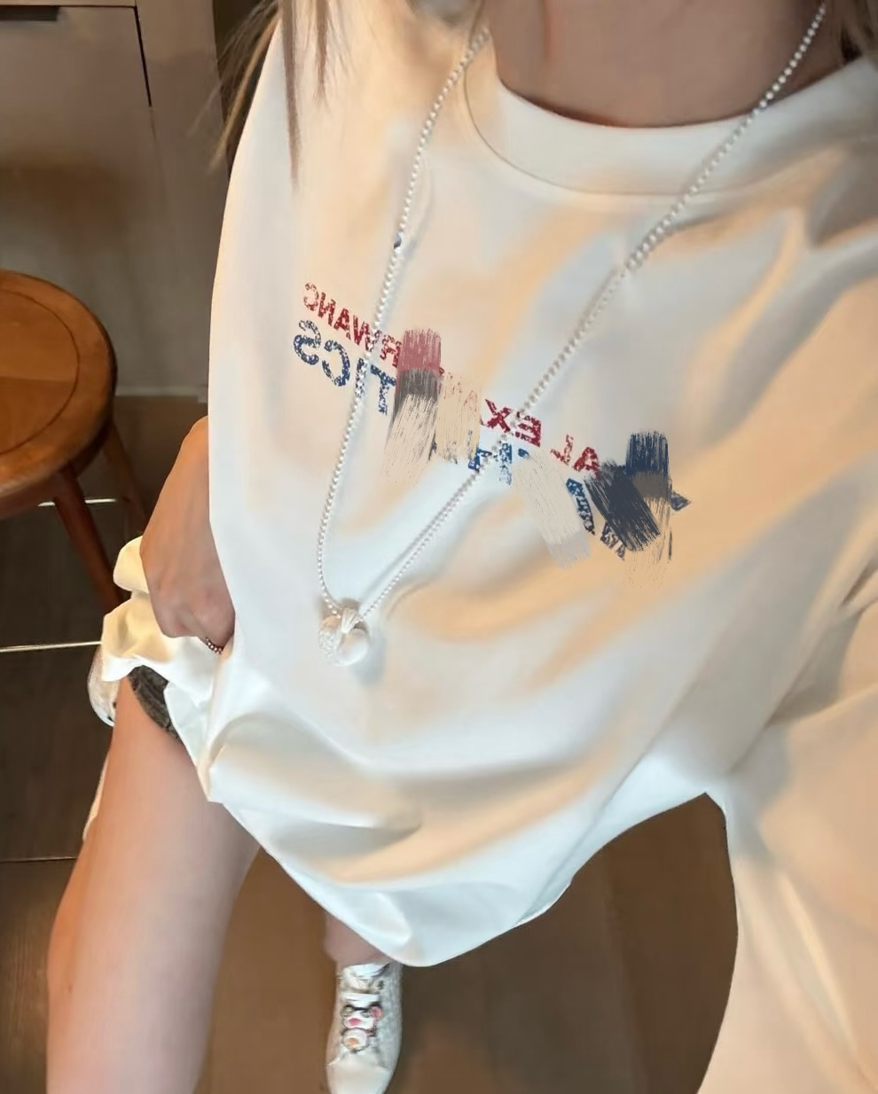 【Qiqi】复古做旧印花圆领短袖T