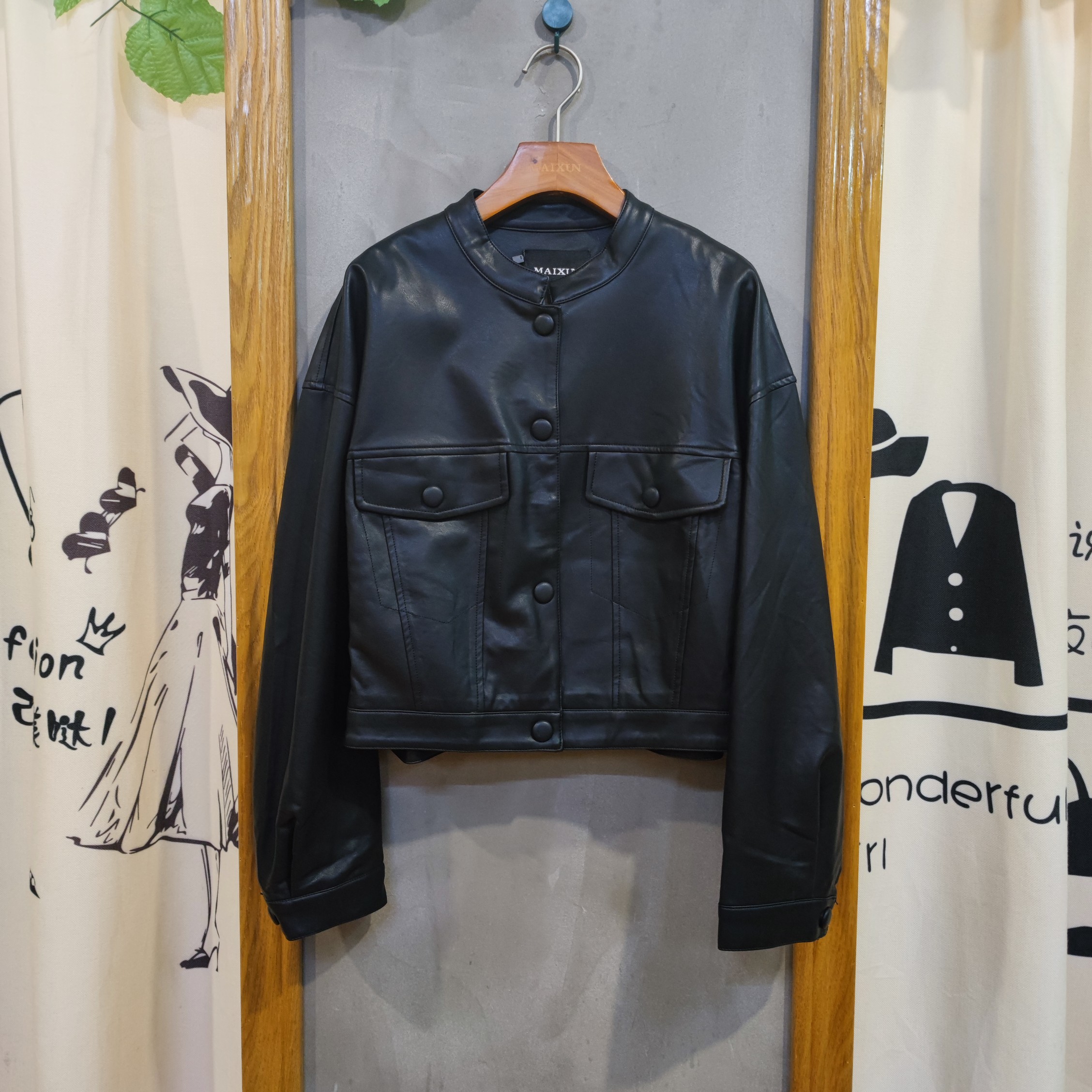 麦寻PYJBS05A春秋季时尚气质显瘦立领皮夹克女士短款外套