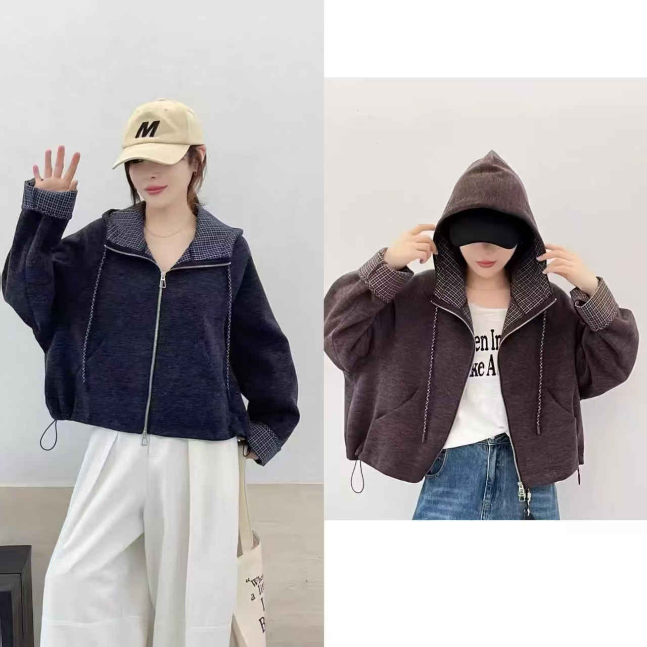 #5062秋季连帽抽绳短外套女宽松格子撞色假两件夹克上衣