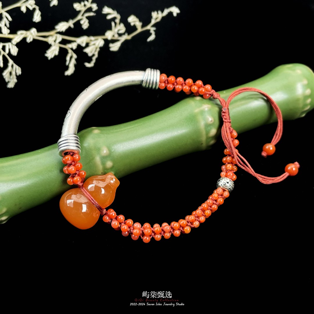 【要努力】B781 玛瑙银S925镶嵌 南红葫芦密珠珠银红手绳