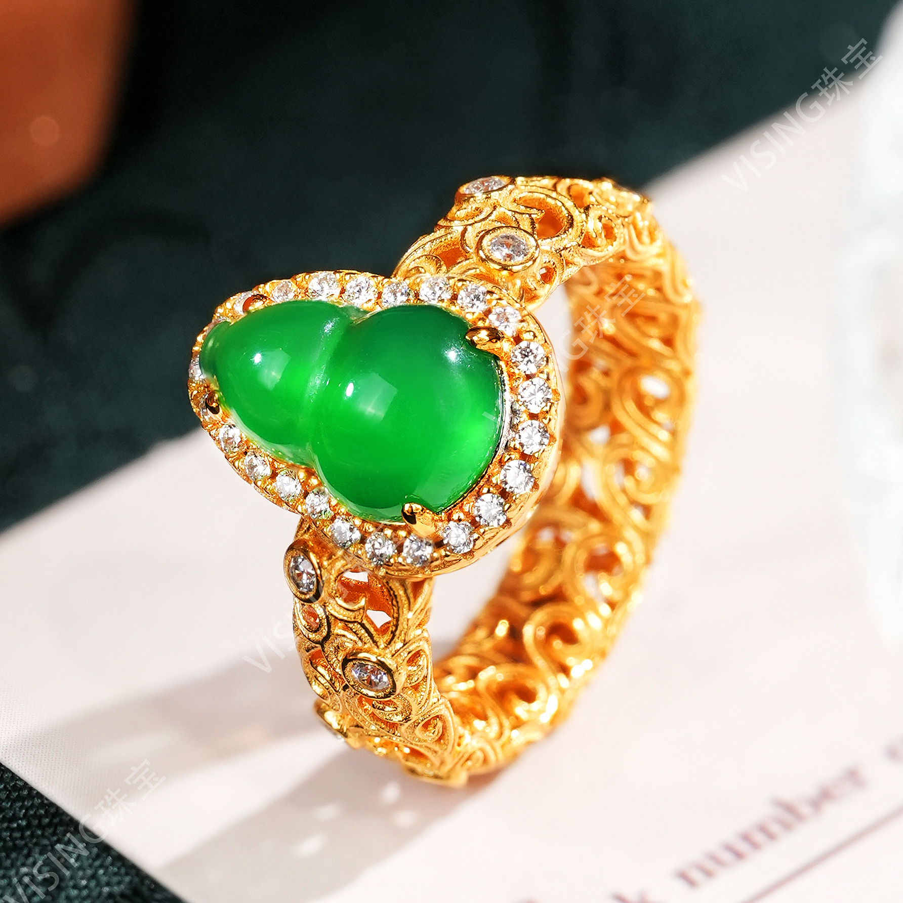 VISING珠宝绿玉髓古法金色葫芦卷草纹戒指手饰国风新中式饰品