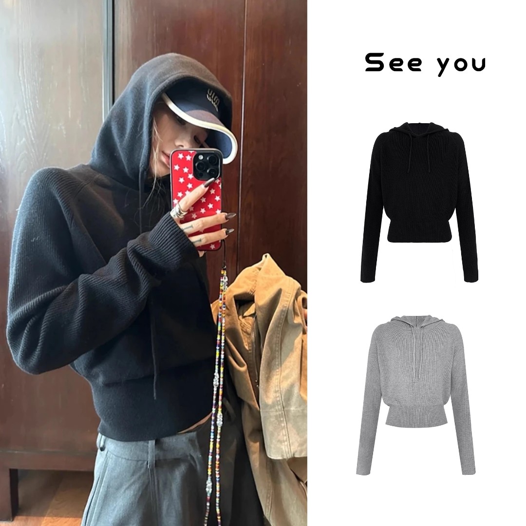 【许妍同款内搭】两色针织连帽短款卫衣女秋冬A1880
