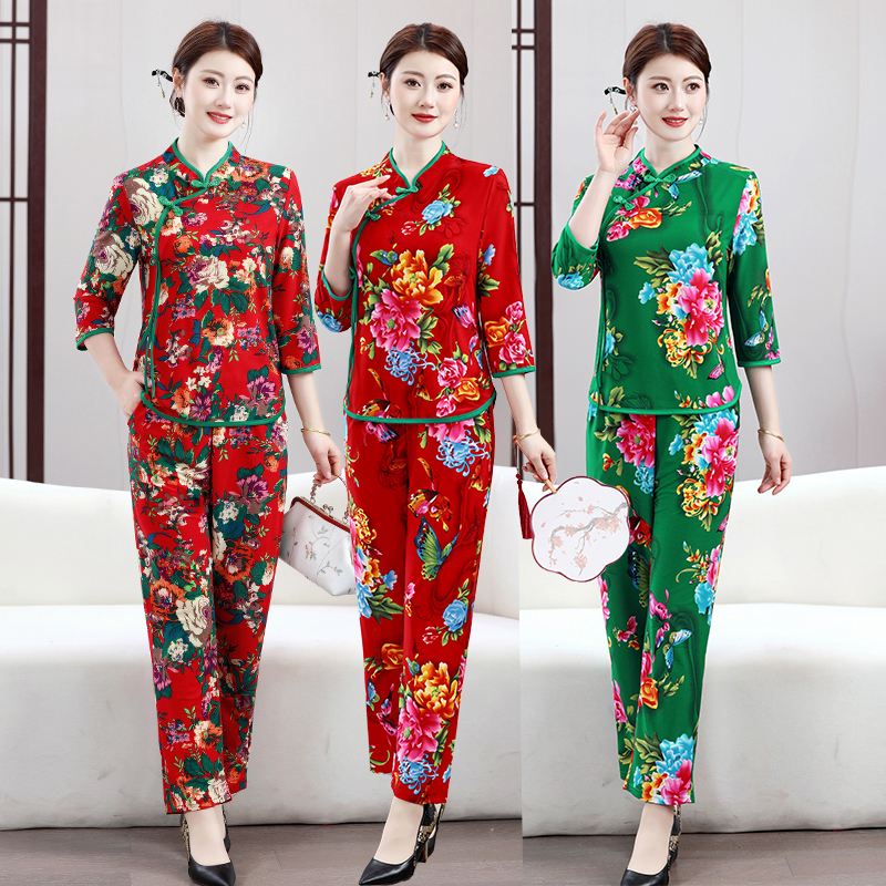 2025春夏新款妈妈国风套装复古盘扣长袖中老年女春秋民族风两件套