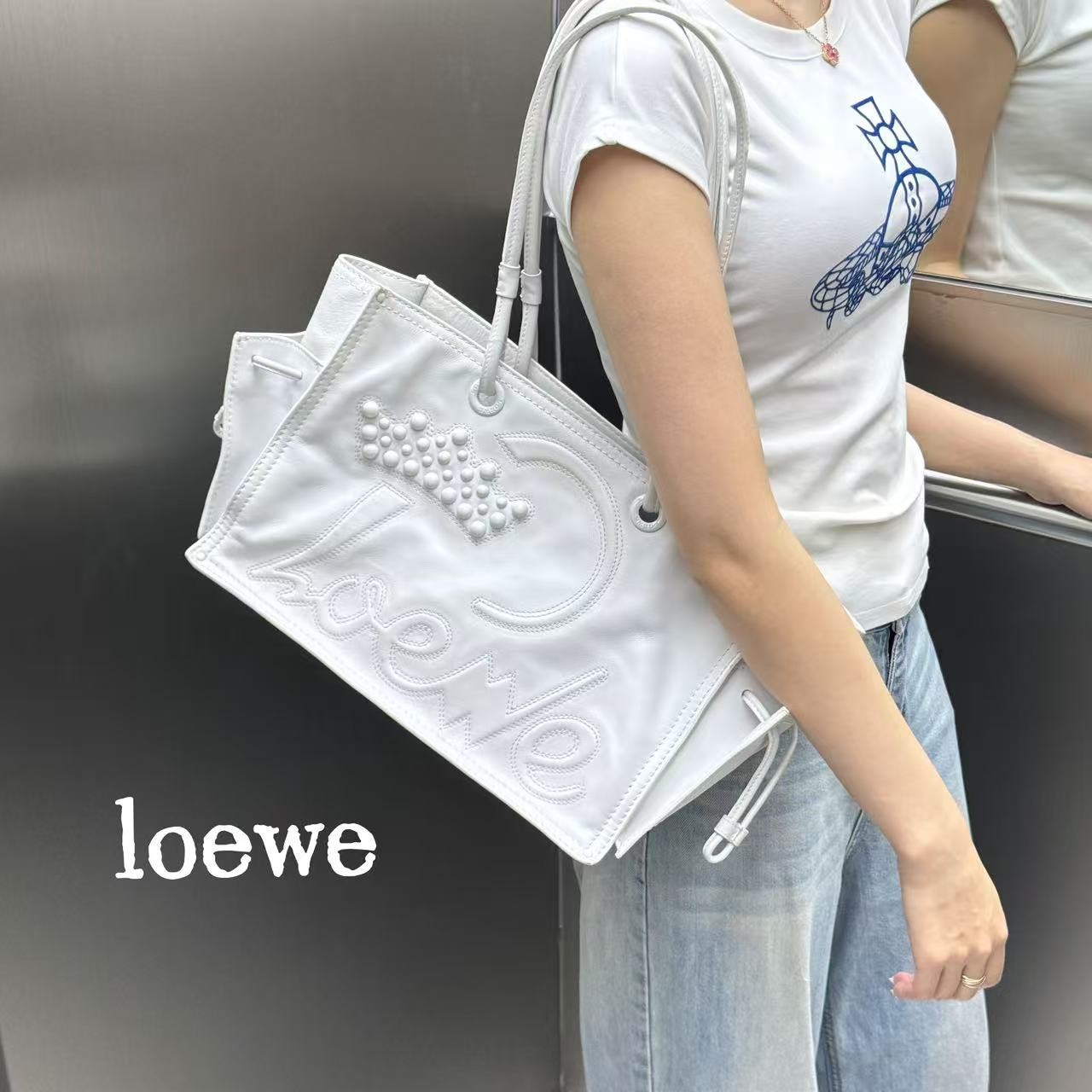 95新 LOEWE/罗意威 H218白色皇冠全皮单肩托特