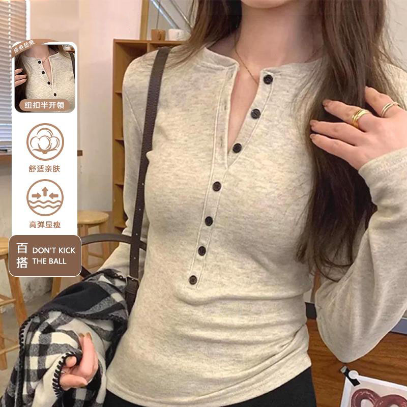 磨毛绒打底衫女爆款2025新款秋冬内搭半开领纽扣外穿长袖t恤上衣